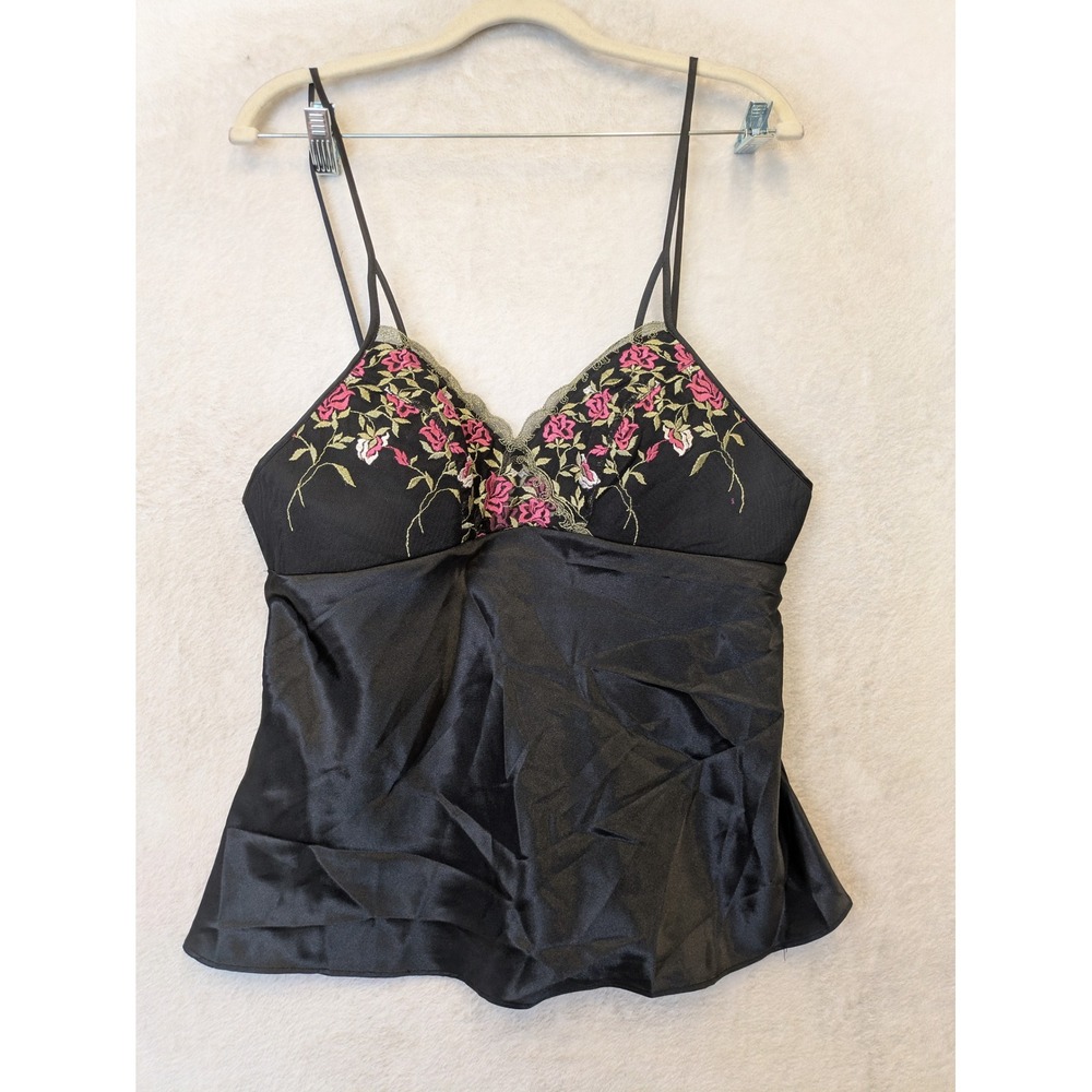 Soft‎ Sensations Camisole Women's Large Black Floral Rose Embroidery Lace Trim
